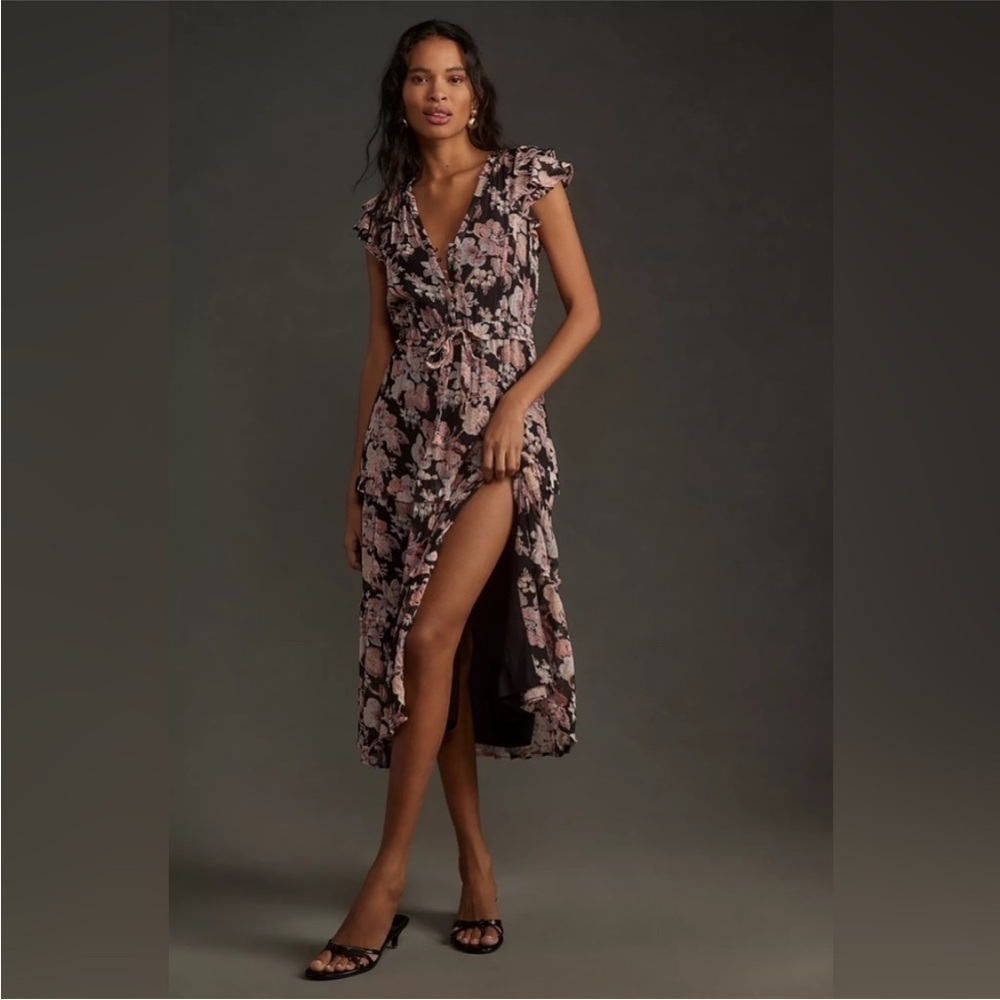 PAIGE Rozlyn Black and Pink Floral Midi Dress